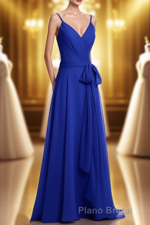 Royal Blue V-Neck Spaghetti Straps Tea-Length Bridesmaid Dresses Main image