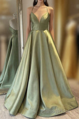 Green Simple A Line Satin Spaghetti Straps Long Formal Prom Dresses