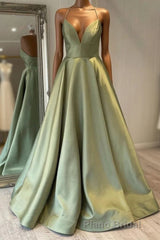 Green Simple A Line Satin Spaghetti Straps Long Formal Prom Dresses