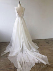 Simple White V Neck Tulle Long Formal Prom Dresses, White Evening Dresses