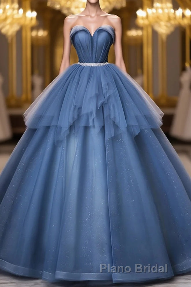 Blue Sweetheart Neck Tulle Long Formal Prom Dresses, Blue Evening Dresses Main image