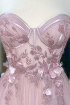 Princess Pink Sweetheart 3D Floral Lace A-Line Prom Dress