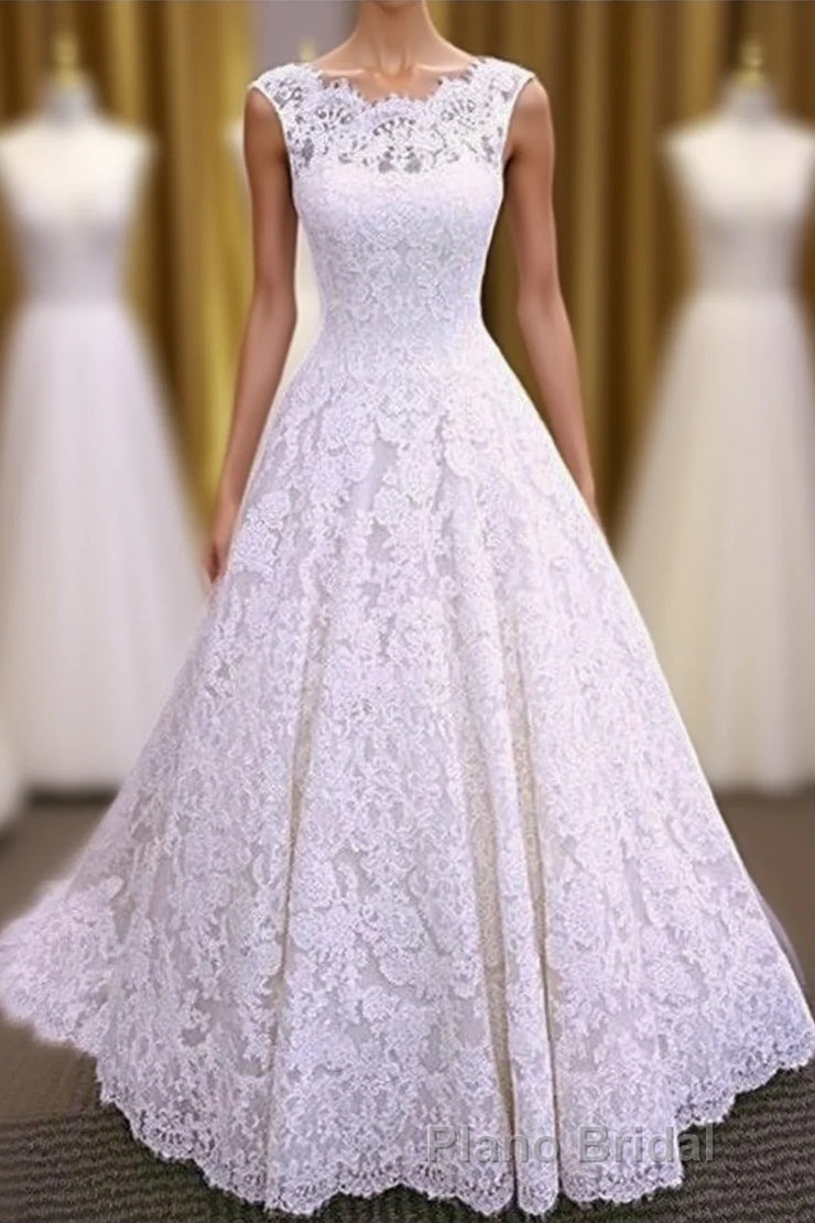 Chic Round Neck Open Back A Line Sleeveless Lace Appliques Wedding Dresses Main image