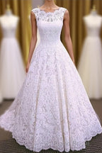 Chic Round Neck Open Back A Line Sleeveless Lace Appliques Wedding Dresses
