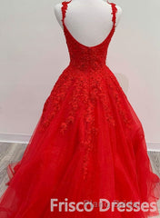 Red Tulle Lace A Line Formal Evening Dresses Appliques Long Formal Prom Dresses