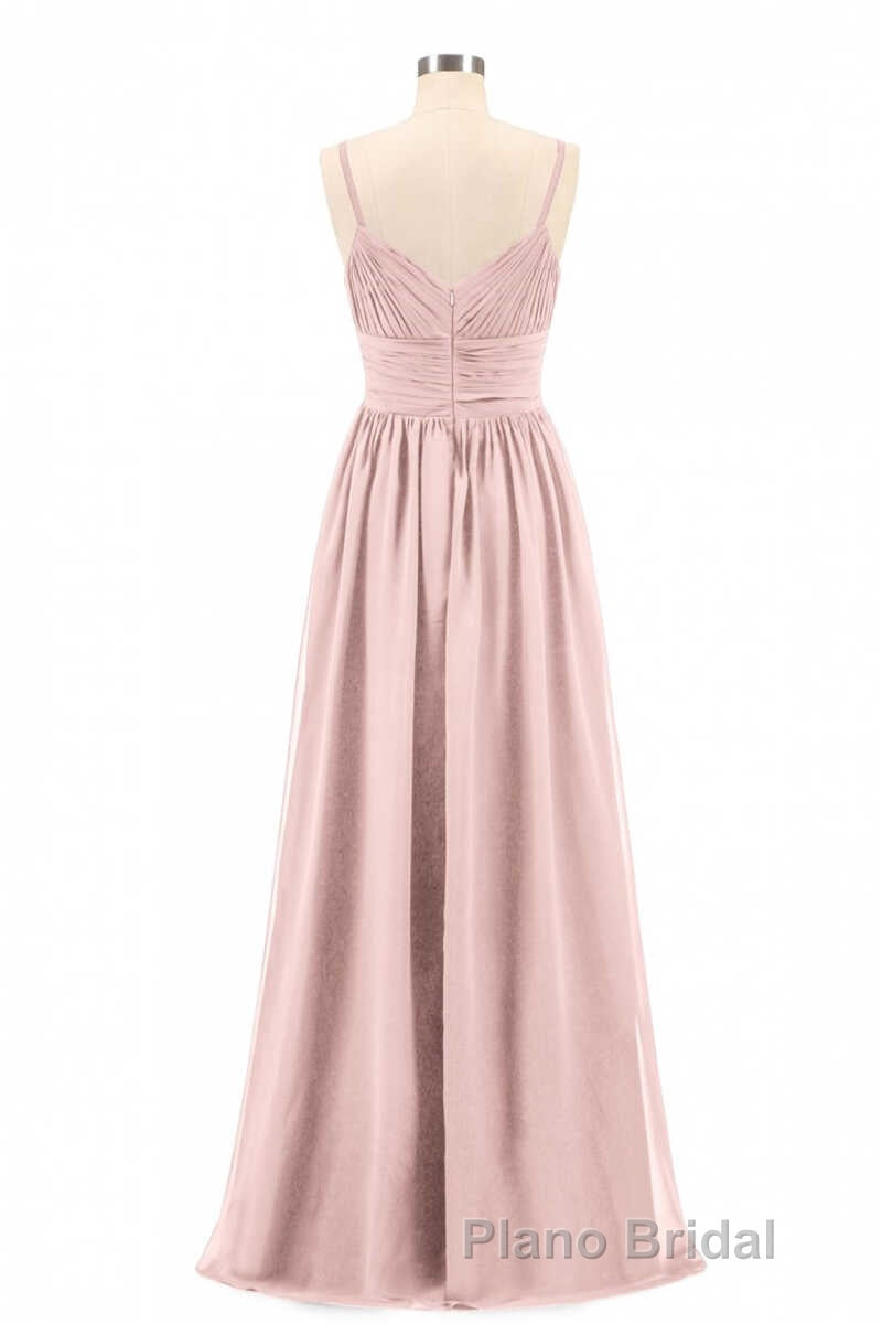 Dusty Pink Spaghetti Straps Banded Waist Long Bridesmaid Dresses