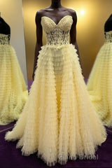 Yellow Lace-Up Floral Multi-Layers Strapless A-line Long Formal Prom Dresses