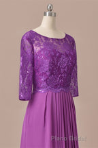 Purple Lace Round Neck Keyhole Back Long Mother of the Bride Dresses