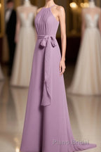Dusty Purple Halter Keyhole Back Long Bridesmaid Dresses