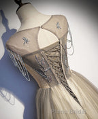 Champagne Round Neck Sequin Long Formal Prom Dresses, Tulle Prom Dresses