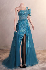 One-Shoulder Beading Sweep Train Backless Evening Dress