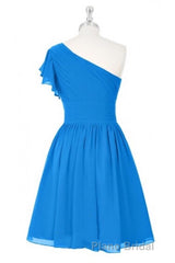 Blue One-Shoulder Ruffled Sleeve Short Bridesmaid Dresses