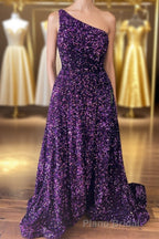 Purple Sequin One-Shoulder Backless A-Line Long Formal Prom Dresses