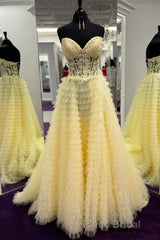 Yellow Lace-Up Floral Multi-Layers Strapless A-line Long Formal Prom Dresses