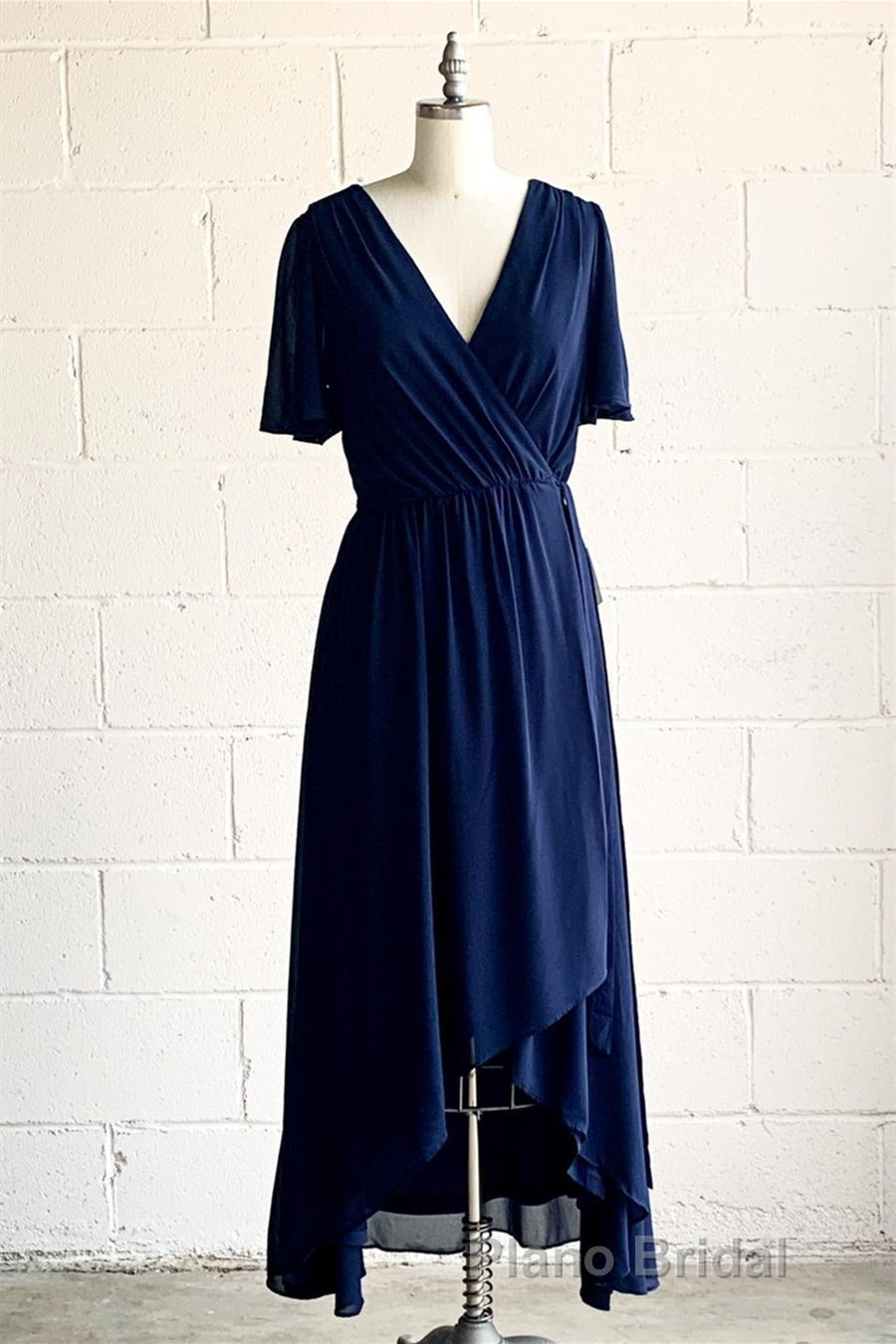 Faux-Wrap V Neck Pleated Chiffon Hi-Low Bridesmaid Dresses with Sleeves Secondary image