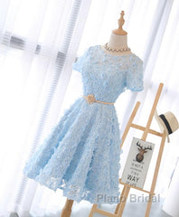 Cute Blue Lace Short Formal Prom Dress, Blue Homecoming Dress