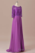 Purple Lace Round Neck Keyhole Back Long Mother of the Bride Dresses
