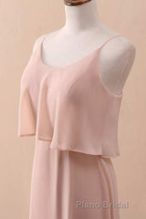 Blush Pink Spaghetti Strap Ruffled Long Bridesmaid Dresses