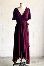 Faux-Wrap V Neck Pleated Chiffon Hi-Low Bridesmaid Dresses with Sleeves