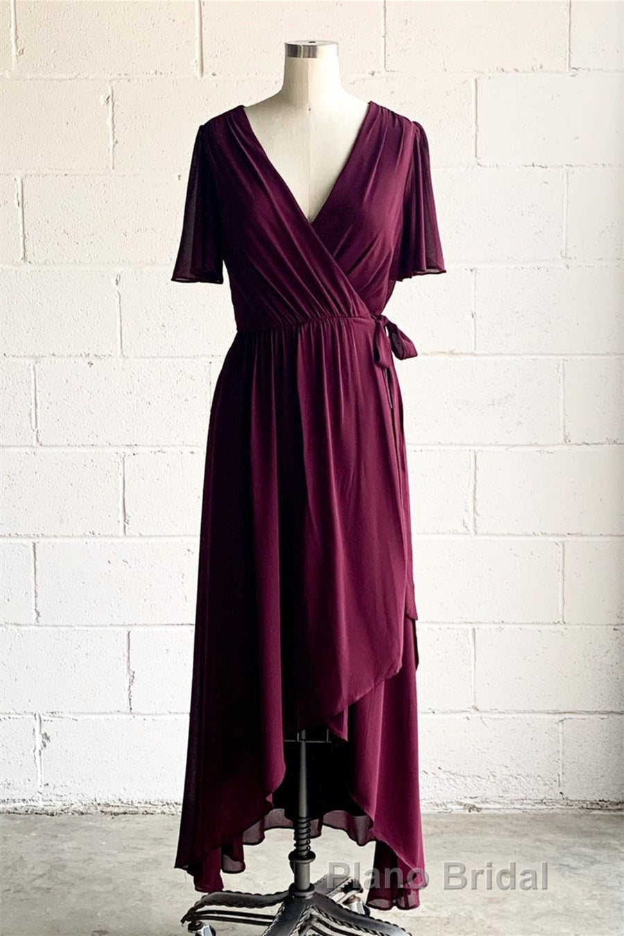 Faux-Wrap V Neck Pleated Chiffon Hi-Low Bridesmaid Dresses with Sleeves