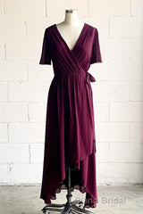 Faux-Wrap V Neck Pleated Chiffon Hi-Low Bridesmaid Dresses with Sleeves