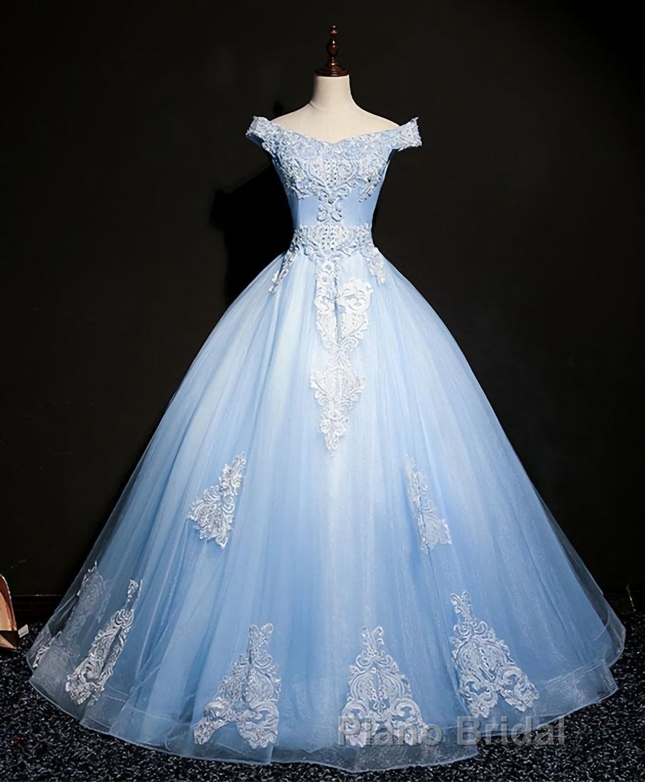 Blue Tulle Lace Off Shoulder Long Formal Prom Dresses, Blue Tulle Lace Evening Dresses