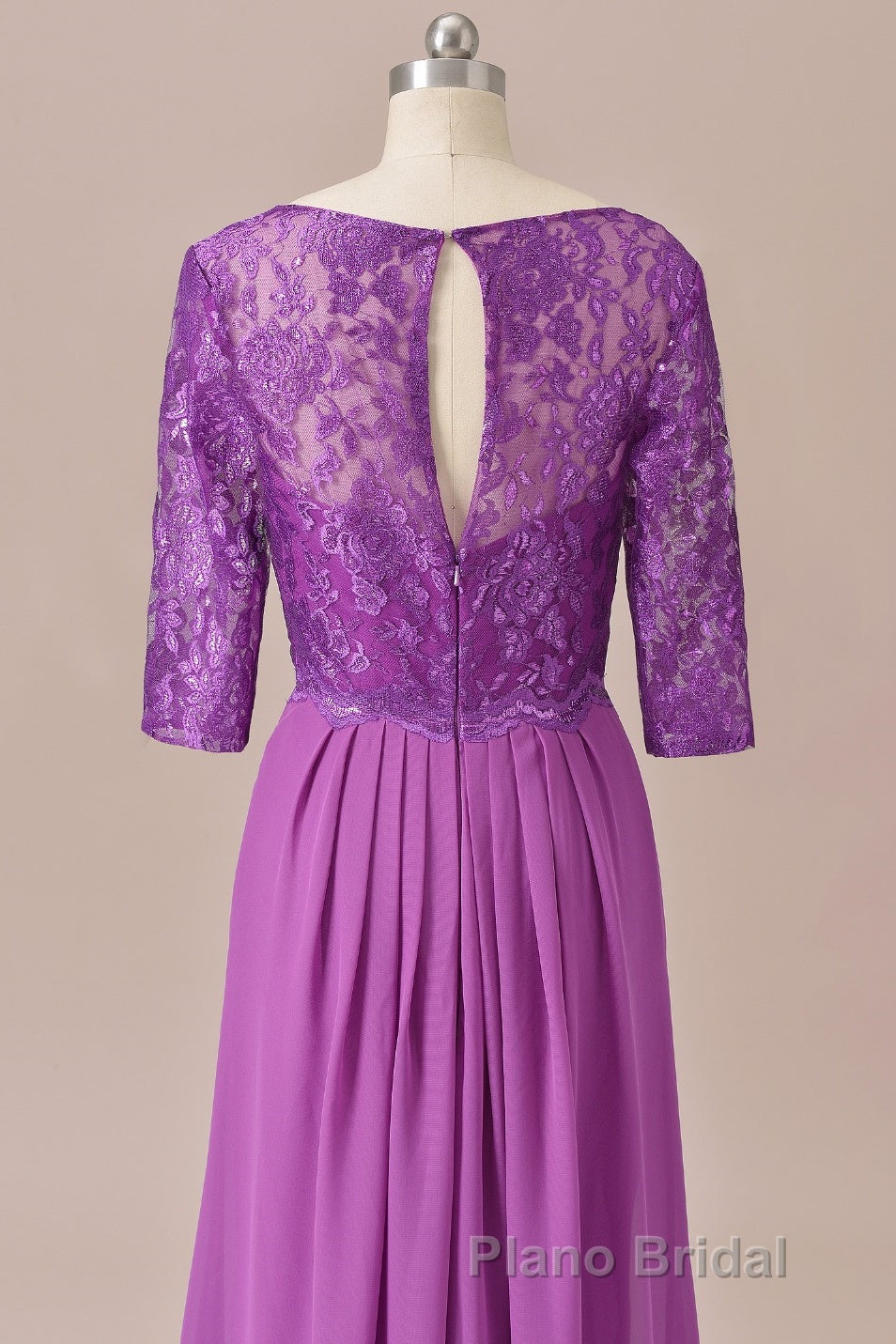 Purple Lace Round Neck Keyhole Back Long Mother of the Bride Dresses