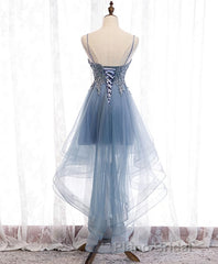 Blue Sweetheart Tulle Lace High Low Formal Prom Dresses, Blue Homecoming Dresses