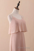 Blush Pink Spaghetti Strap Ruffled Long Bridesmaid Dresses