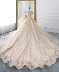 Champagne Off Shoulder Tulle Lace Long Wedding Dresses, Wedding Gown