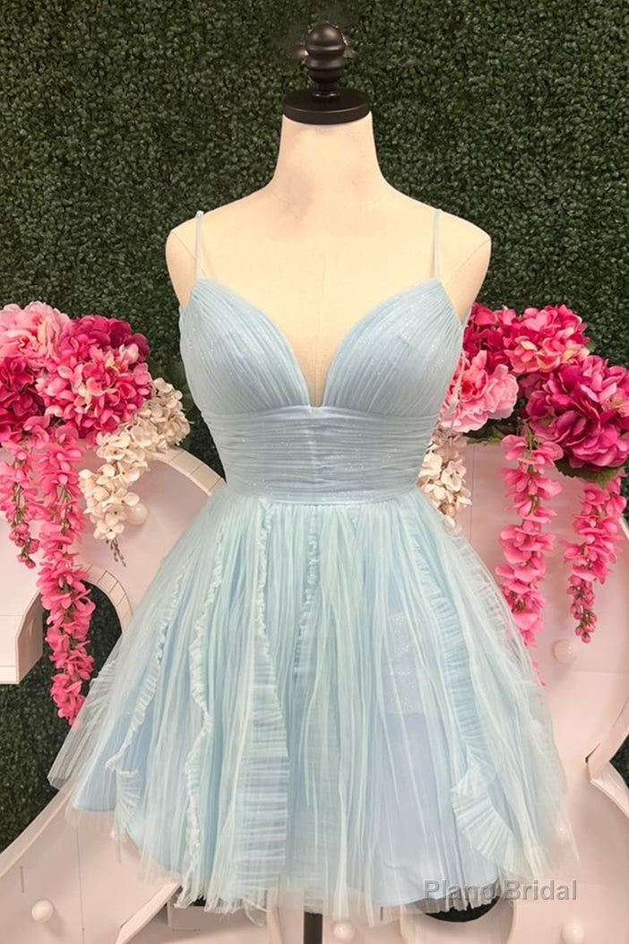 Sky Blue A-line Plunging V Neck Straps Ruffles Homecoming Dress Main image