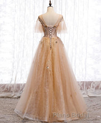 Champagne Round Neck Tulle Lace Long Formal Prom Dresses, Prom Dresses