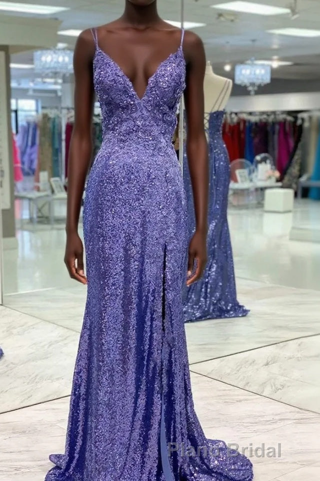 Tight Purple Sequined Long Formal Prom Dresses with Slit