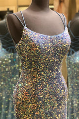 Double Straps Lace-Up Sequins Long Formal Prom Dress with Slit