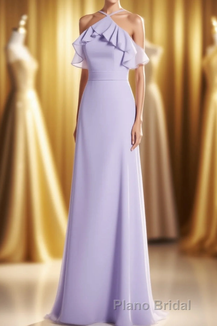 Lavender Halter Ruffled A-Line Long Bridesmaid Dresses Main image
