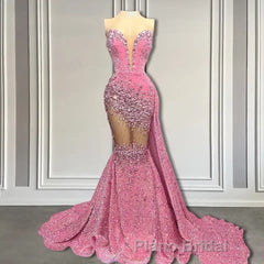 V-Neck Sequins Formal Prom Dress Mermaid Sleeveless Crystal.
