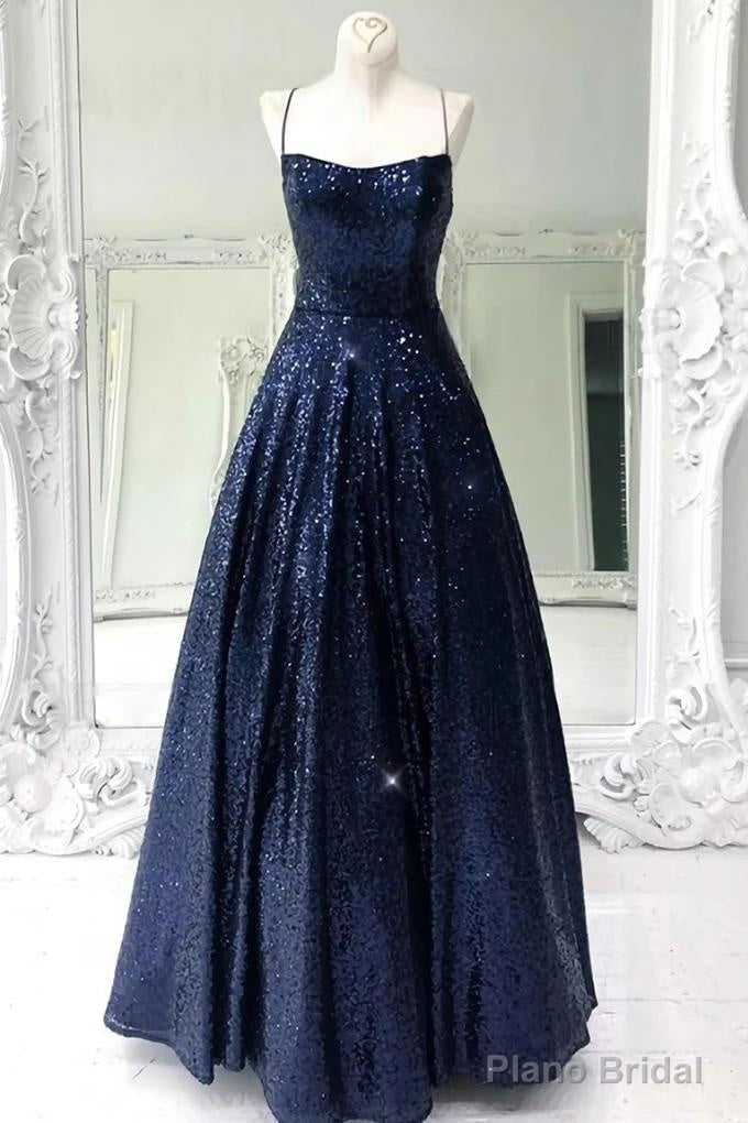 Stunning Sleeveless A Line Navy Blue Sequin Prom Dresses Secondary image