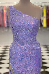 One-Shoulder Sequins Long Formal Prom Dresses with Floral Appliques