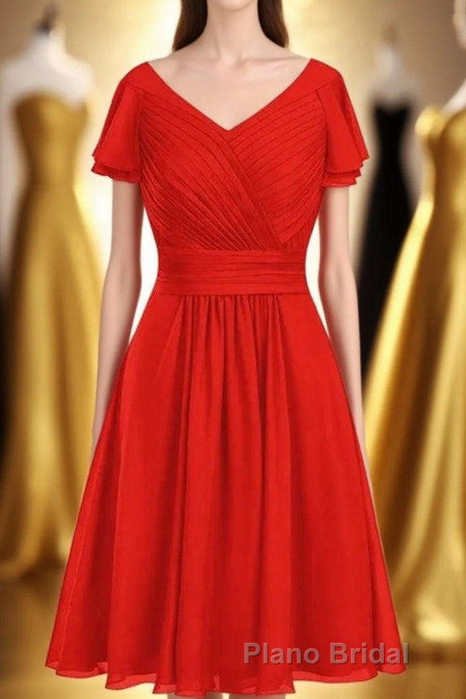 Red Chiffon V-Neck Ruffled A-Line Short Bridesmaid Dresses Main image