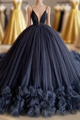 spaghetti straps beading bodice tulle ball gown evening Dresses with handmade flowers