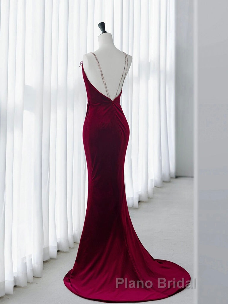 Simple Velvet Mermaid Burgundy Long Formal Prom Dress, Burgundy Long Formal Dress