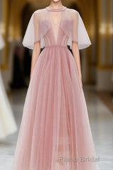 Pink Tulle Tea Length Formal Prom Dresses, Pink Tulle Prom Dresses