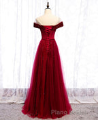 Burgundy Round Neck Tulle Sequin Long Formal Prom Dresses, Tulle Prom Dresses