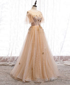 Champagne Round Neck Tulle Lace Long Formal Prom Dresses, Prom Dresses