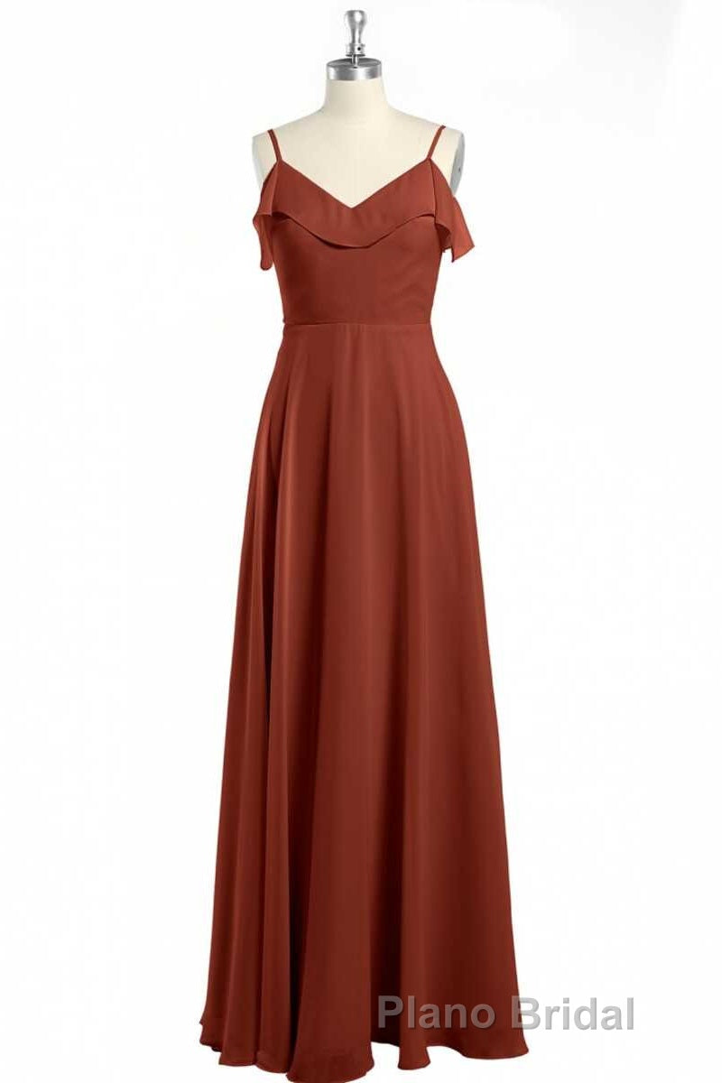 Rust Orange Chiffon Straps Ruffled A-Line Bridesmaid Dresses
