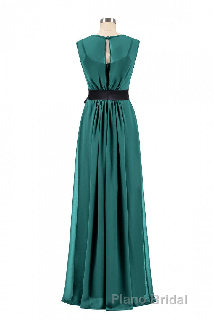 Hunter Green Crew Neck Belted Long Bridesmaid Dresses