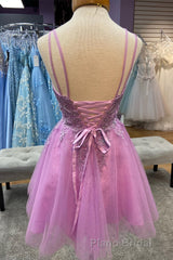 Red Plunging V Neck Lace-Up Appliques Tulle Homecoming Dresses