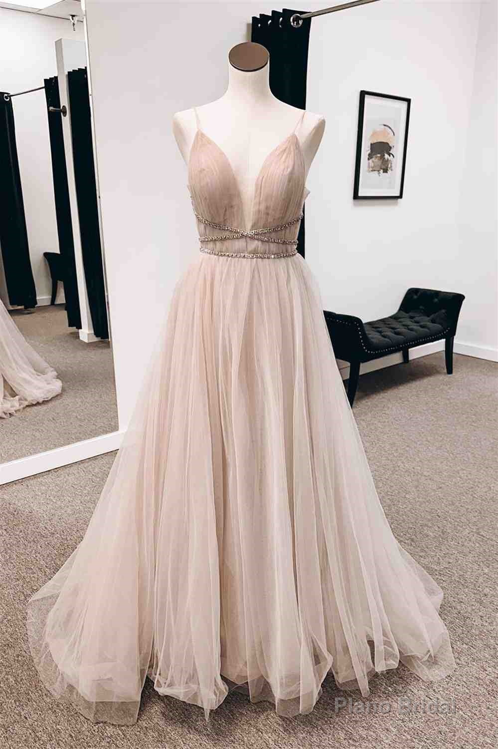 Blushing Pink A-line Plunging V Neck Tulle Long Prom Dress with Beaded Sash Main image
