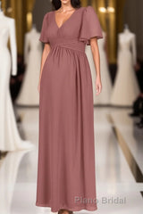 Brown V-Neck High-Waist Long Maternity Bridesmaid Dresses
