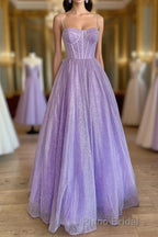 A-Line Lavender Straps Long Prom Dresses